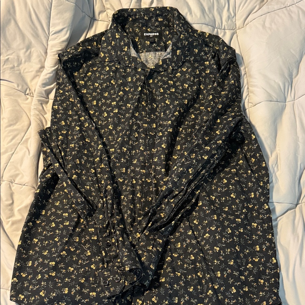 Express Men's Black and Yellow Floral Dress Shirt